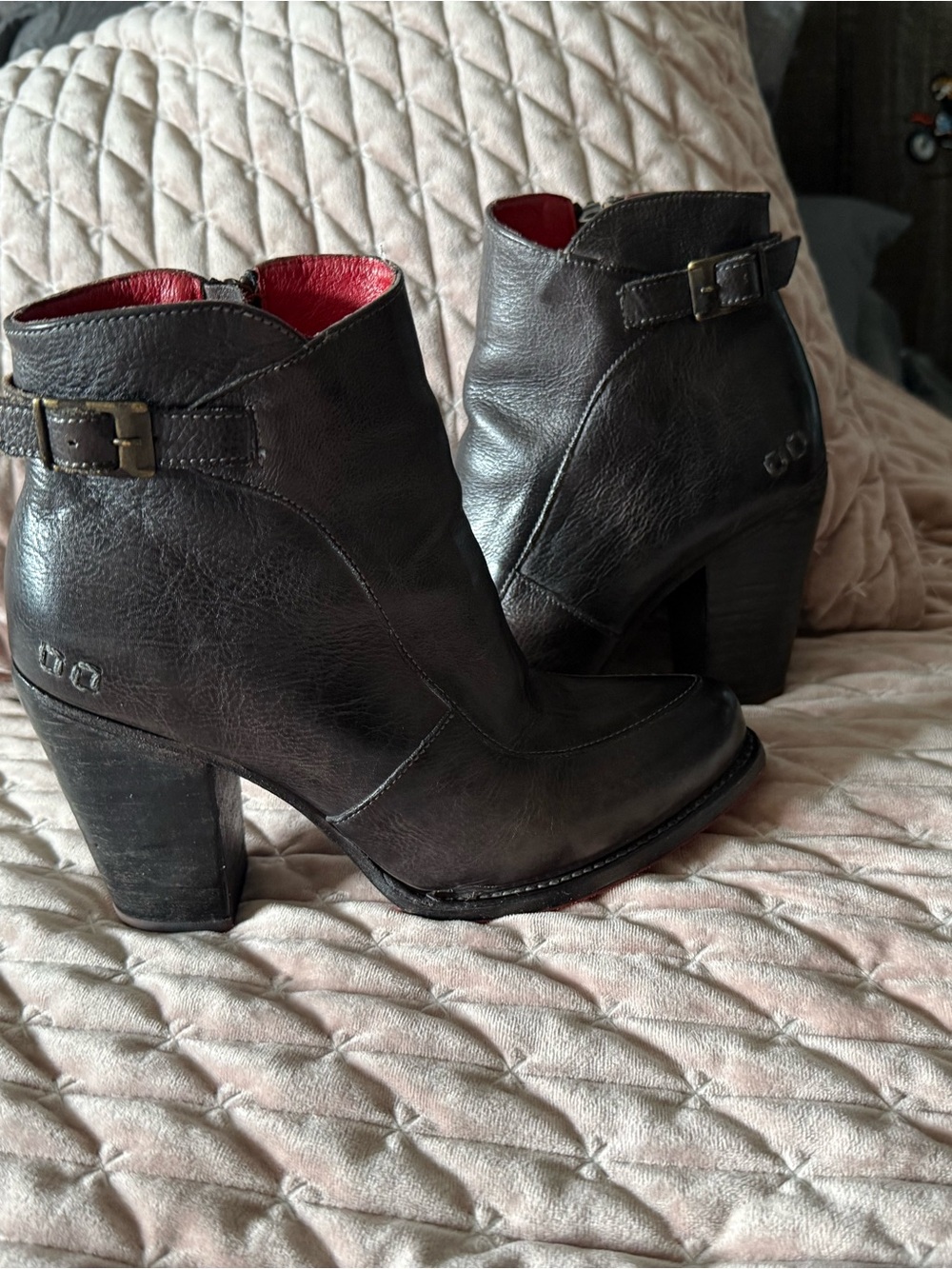 Bed Stu Black Leather Ankle Booties with Red Lining